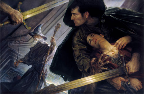 Gandalf, Aragorn et Frodon dans la Moria